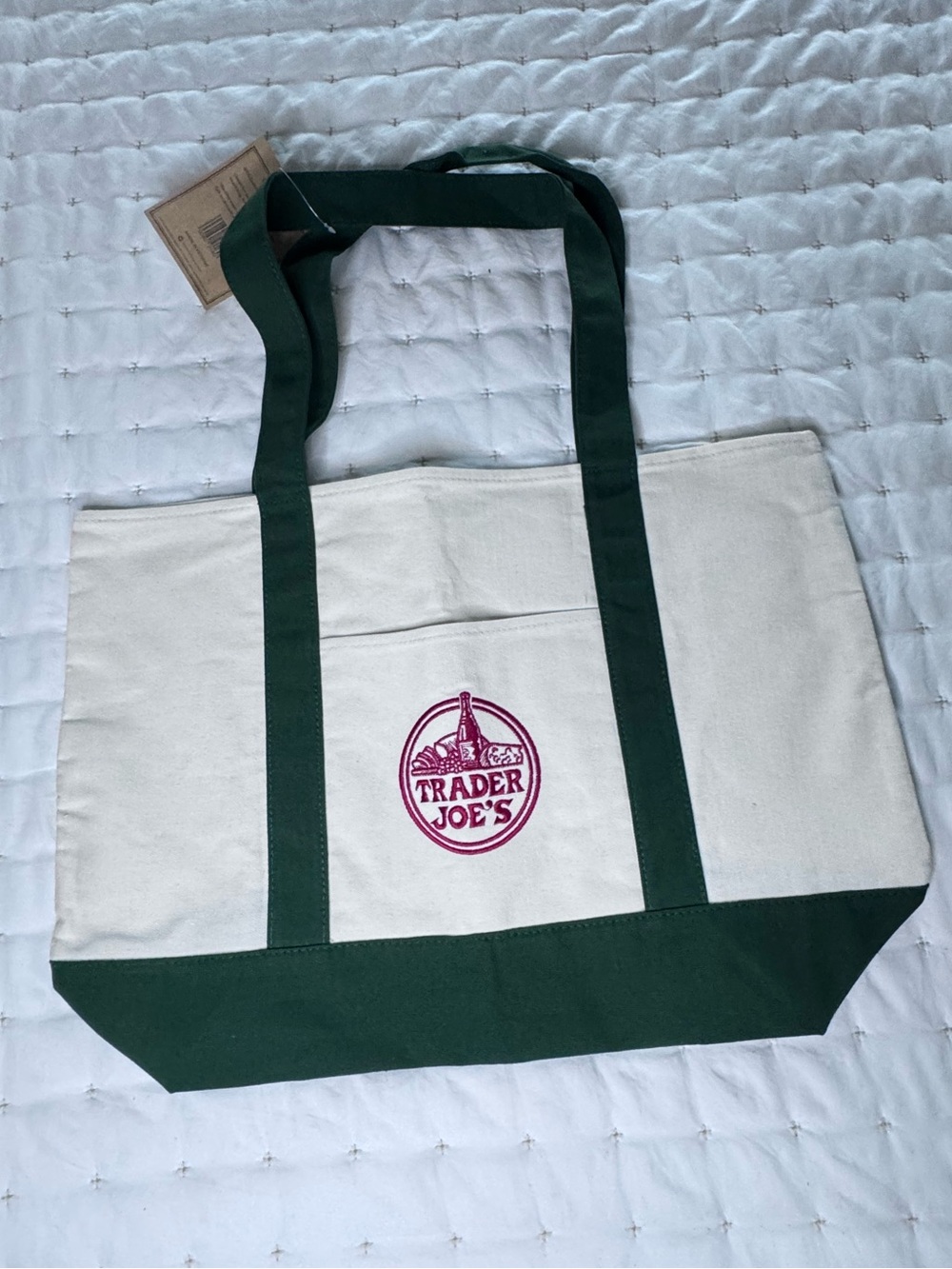 Trader Joes Cream & Green Canvas Tote Bag NWT New